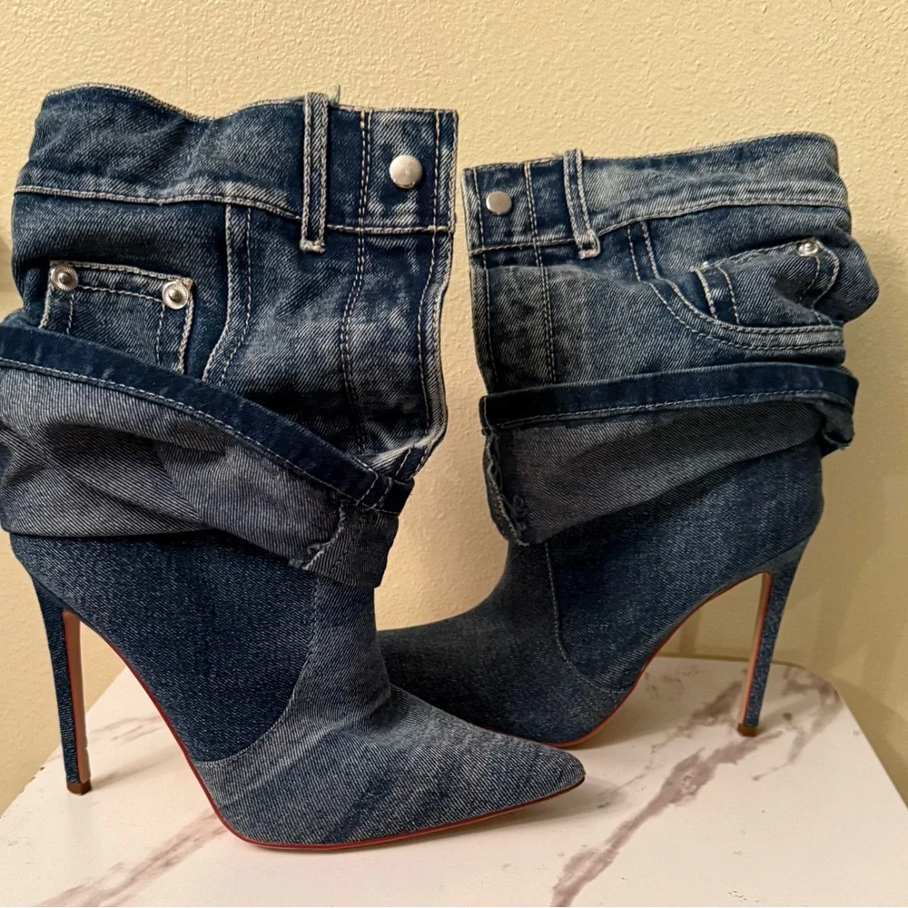 Azalea Wang Reeves Denim Boot Stilettos, Size 7, EUC - Picture 8 of 13